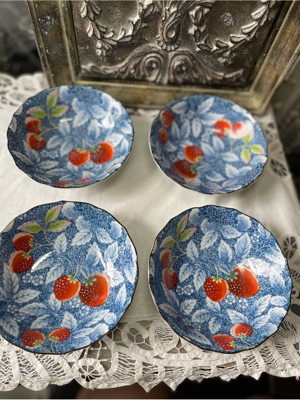 Vintage strawberry blue & white bowls & plate Japan Williams Sonoma Sadek